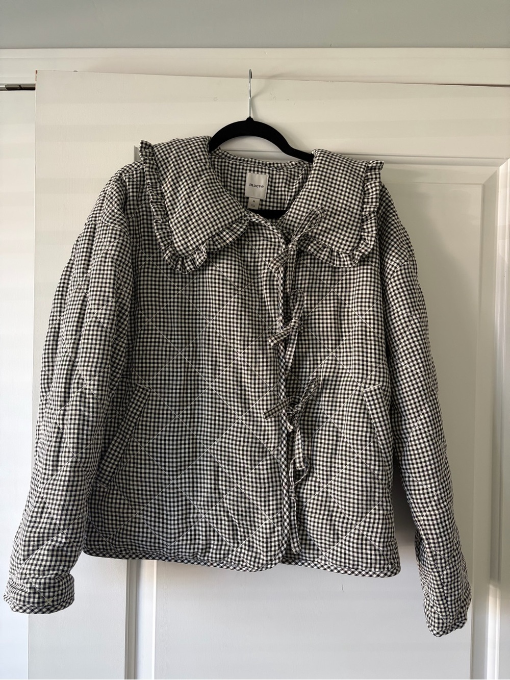 NWT Maeve Black & White Gingham Ruffle-Collar Quilted Jacket